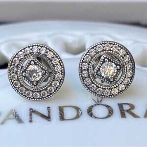 Pandora Vintage Allure Stud Earrings Sterling Silver CZ Retired Style